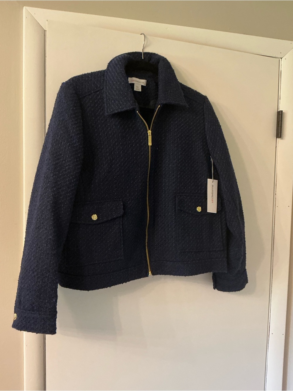Liz Claiborne Navy Bouclé Zip-Front Blazer